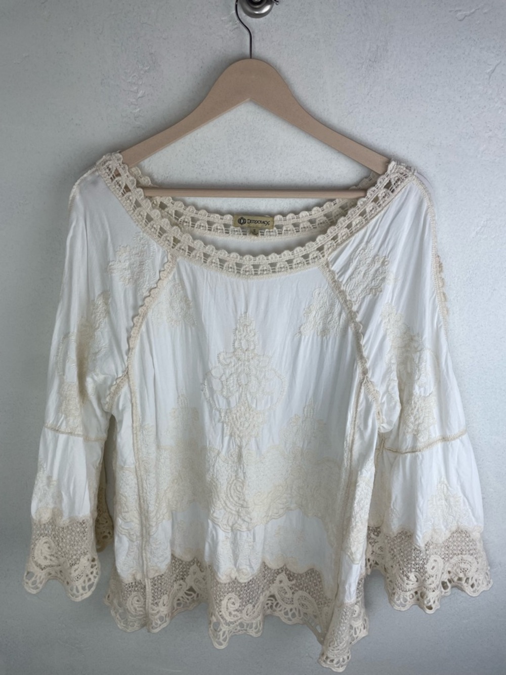 Democracy Cream and White Crochet-Trim Peasant Blouse - Picture 7 of 16